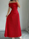 Randolph Solid One Shoulder Ruffle Hem Pleated Long Slim Fit Dress