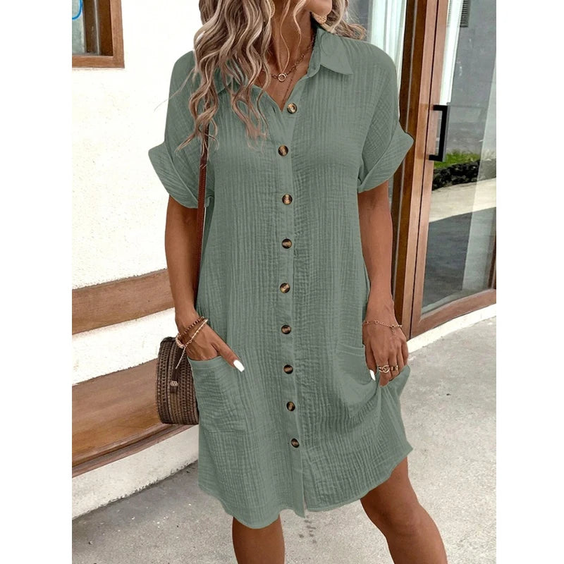 John Beach Solid Fashion V-neck Three Quater Sleeve Cotton Linen Dress
