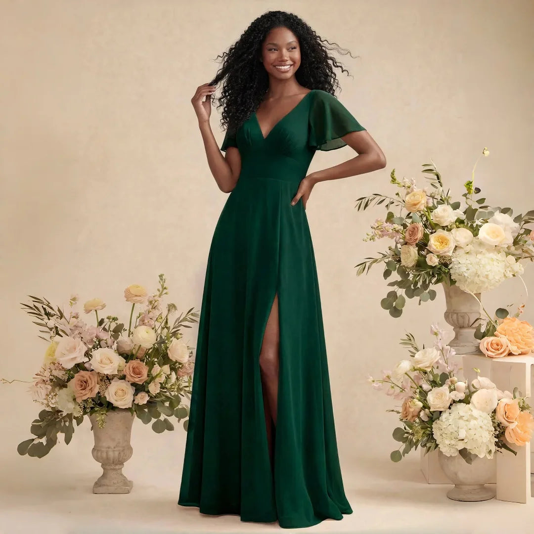 Irvington Green Plus Size Chiffon Bridesmaid Deep V Neck Flutter Sleeves Hidden Pockets Dress