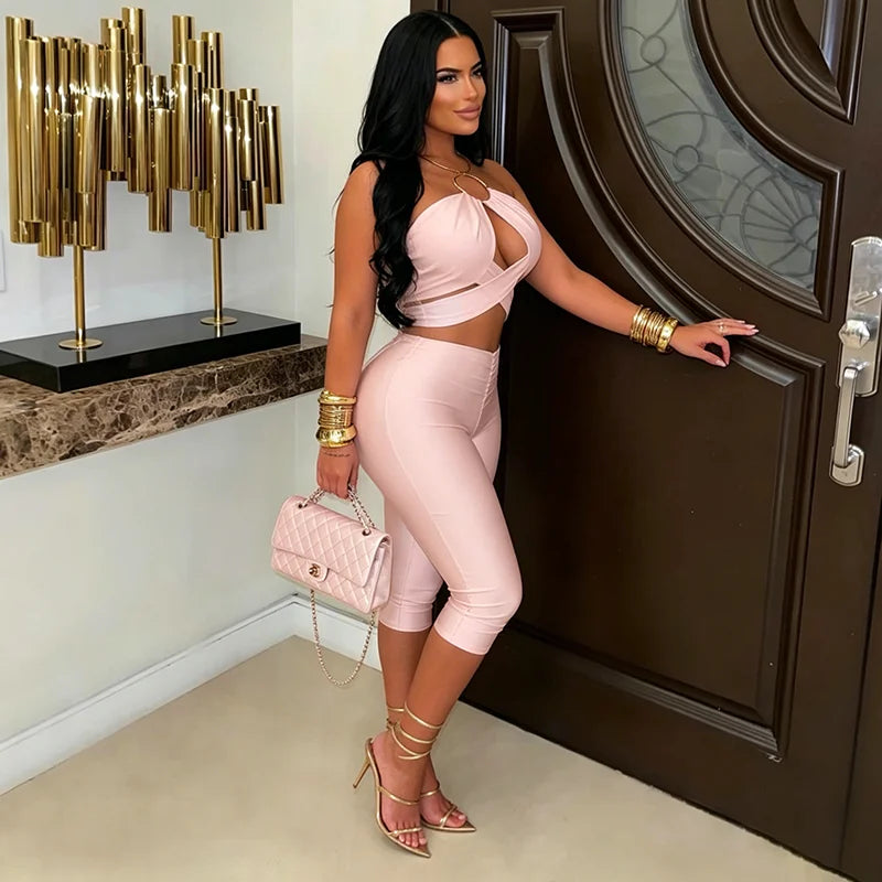 Lorena Solid Color Hanging Neck Tight Fitting Two Piece Sets