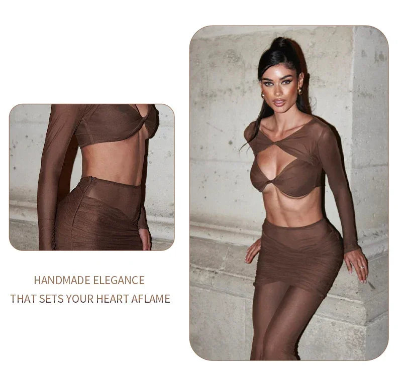 Williamsburg Mesh Fashion Street Wear Hollow Out Design Crop Set