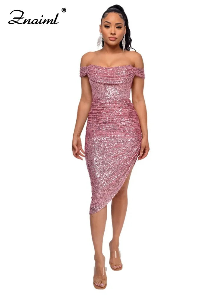 Virginia One Shoulder Bodycon Sparkly High Slit Midi Dresses