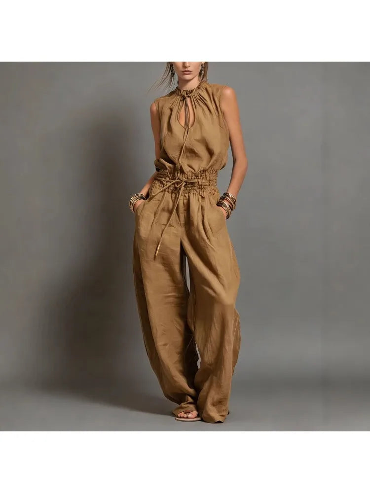 Summer Jumpsuits for Woman Wide Leg Sleeveless Lace Up Jumpsuit High
