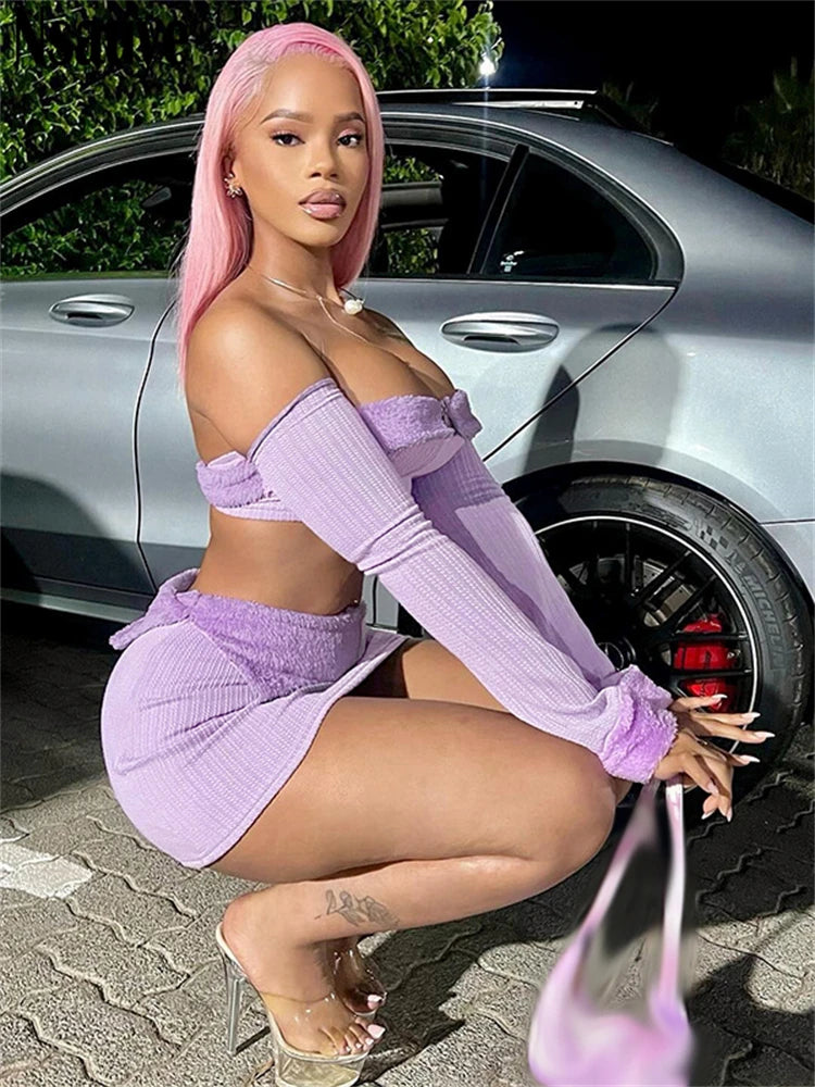 Tony Ribber Knitted Sexy Off Shoulder Two Piece Sets