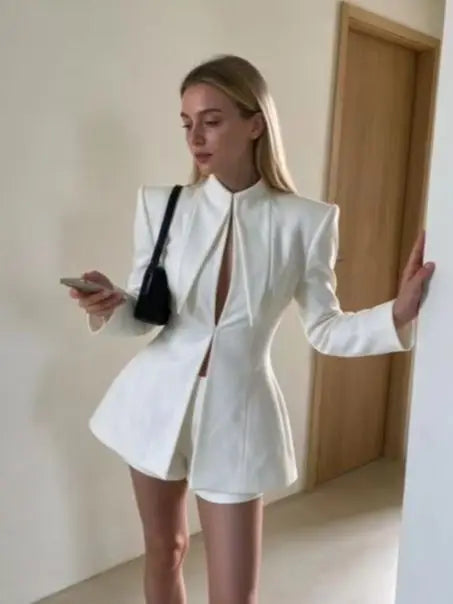 Pamela Collar Zipper Long Sleeve High Waist Two Piece Sets