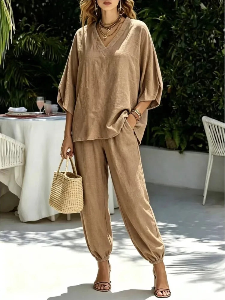 Bianca Loose Batwing Sleeve V Neck Two Piece Sets