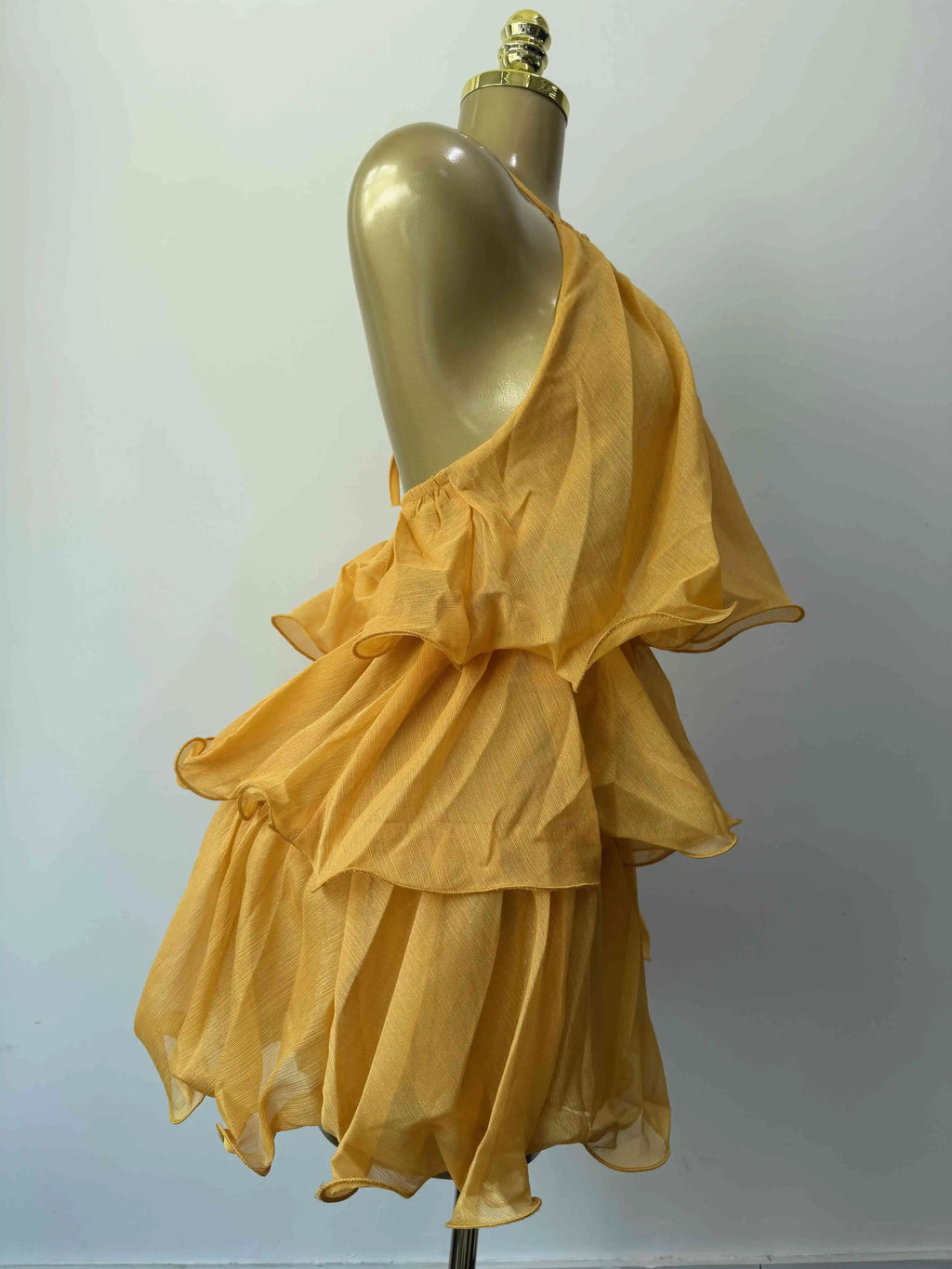 Constable Hook Backless Yellow Holiday Halter  Ruffles Tiered Mini Beach Dress