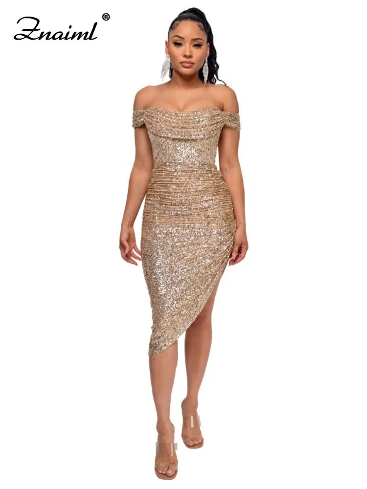 Virginia One Shoulder Bodycon Sparkly High Slit Midi Dresses