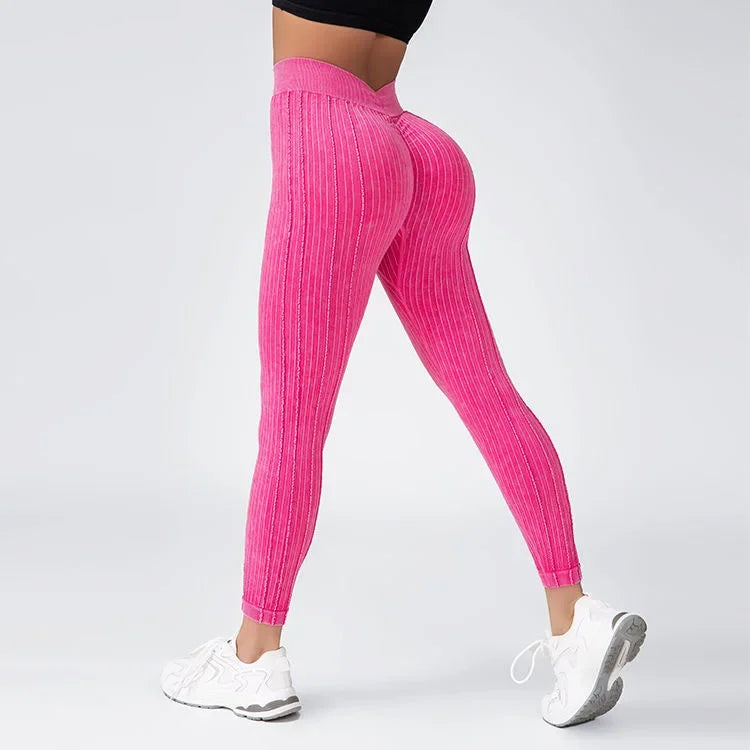 Andober Striped V Back Fashion Gym Outdoor Fitness Athletic Workout Elastic Leggings