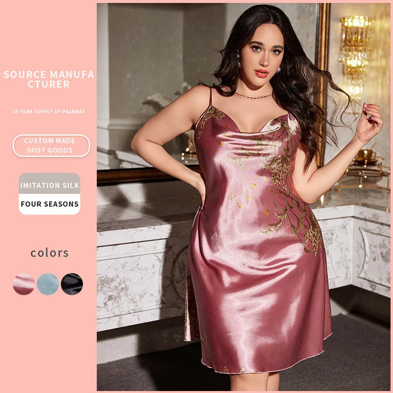 British Plus Size Soft Silk-Like Slip Sexy Printed Minimalist Loose Dress
