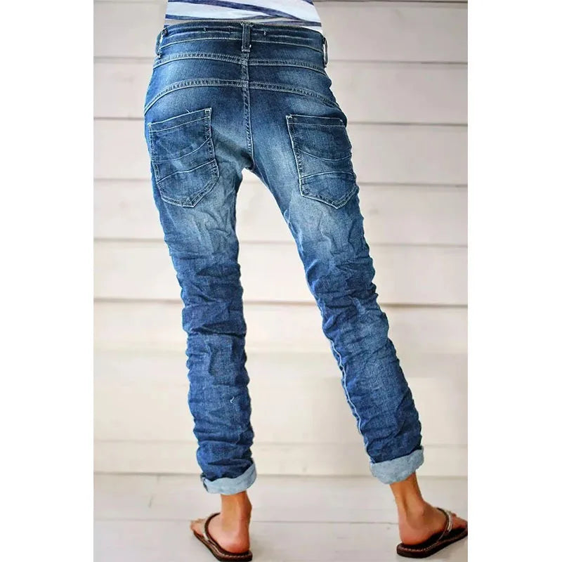 Jeans for Women Drawstring Elastic-waisted Jeans Casual Button Baggy Jeans