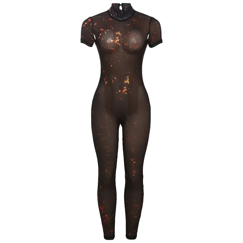 Auburn Hollow Out Playsuits Female Nightout Fashion Mesh Thin Sheer Jumpsuits