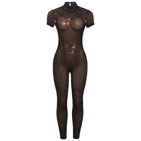 Auburn Hollow Out Playsuits Female Nightout Fashion Mesh Thin Sheer Jumpsuits