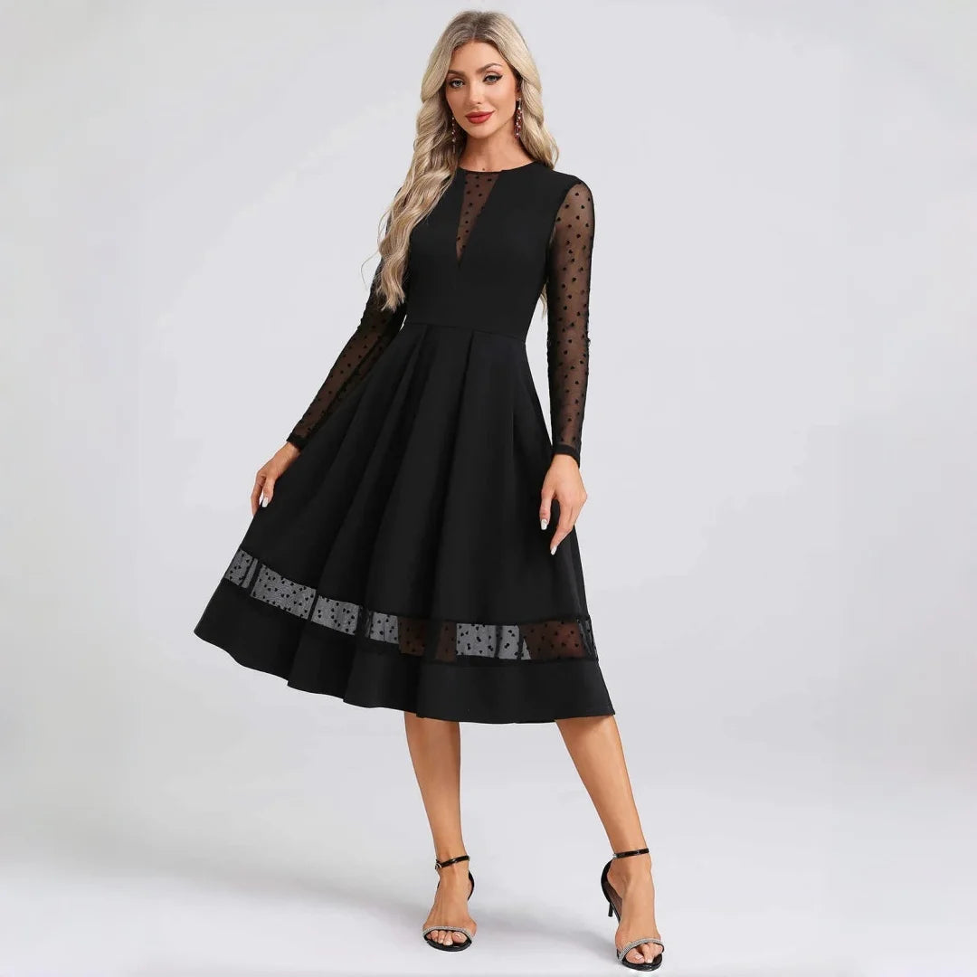 Benice Black Midi Cocktail Polka Dot Mesh Long Sleeve Illusion A‑Line Swing Dress