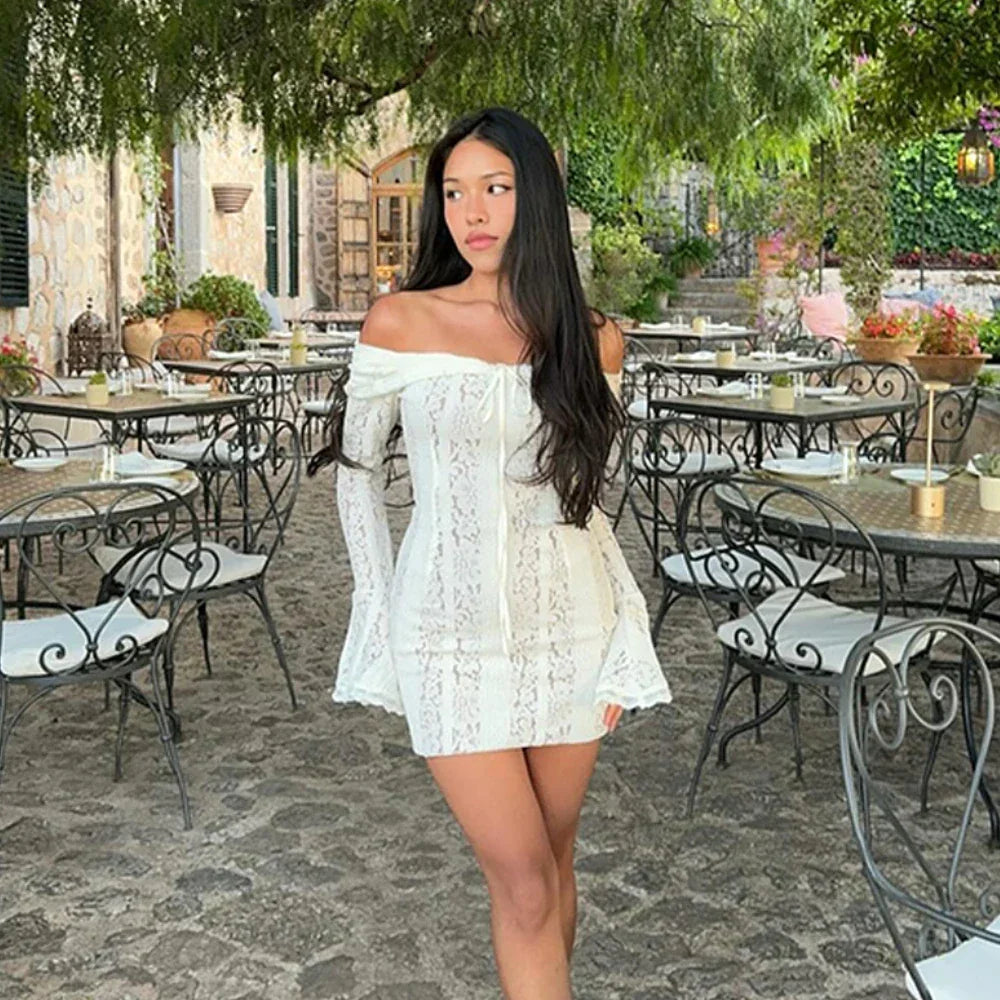 Grafton Suninheart White Evening Long Sleeve Lace Elegant Party Dress