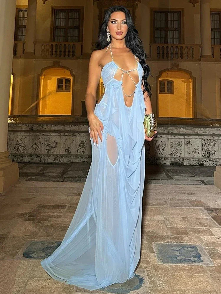 Pine Plains Sexy See Through Luxury Chain Halter Low Neck Backless Dress
