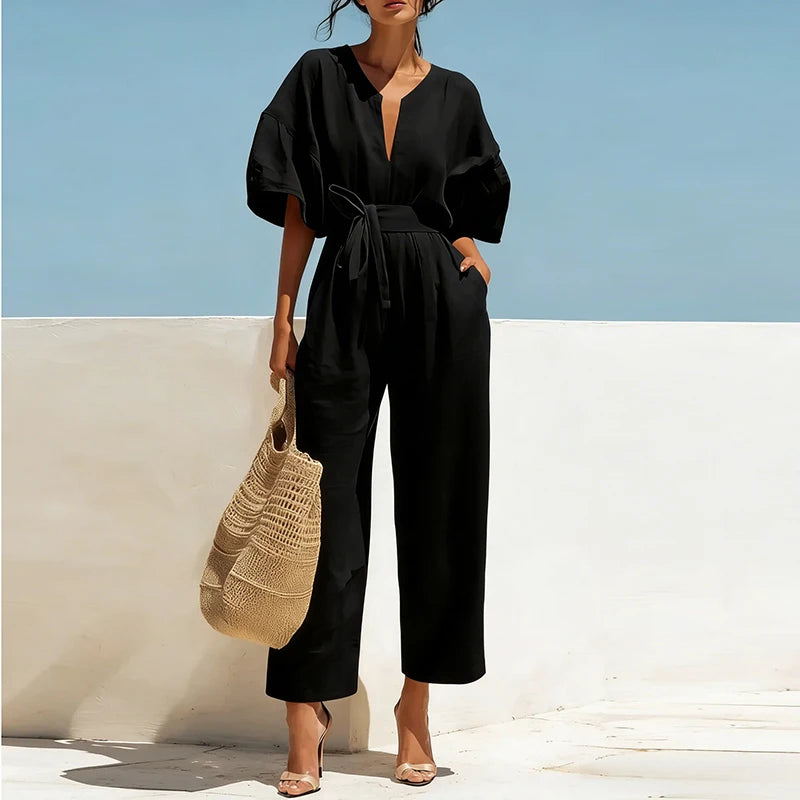 Summer Elegant Jumpsuit V Neck Lace Up High Waist Half Sleeve Long Pants Jumpsuits For Women Casual Loose Romper Playsuits