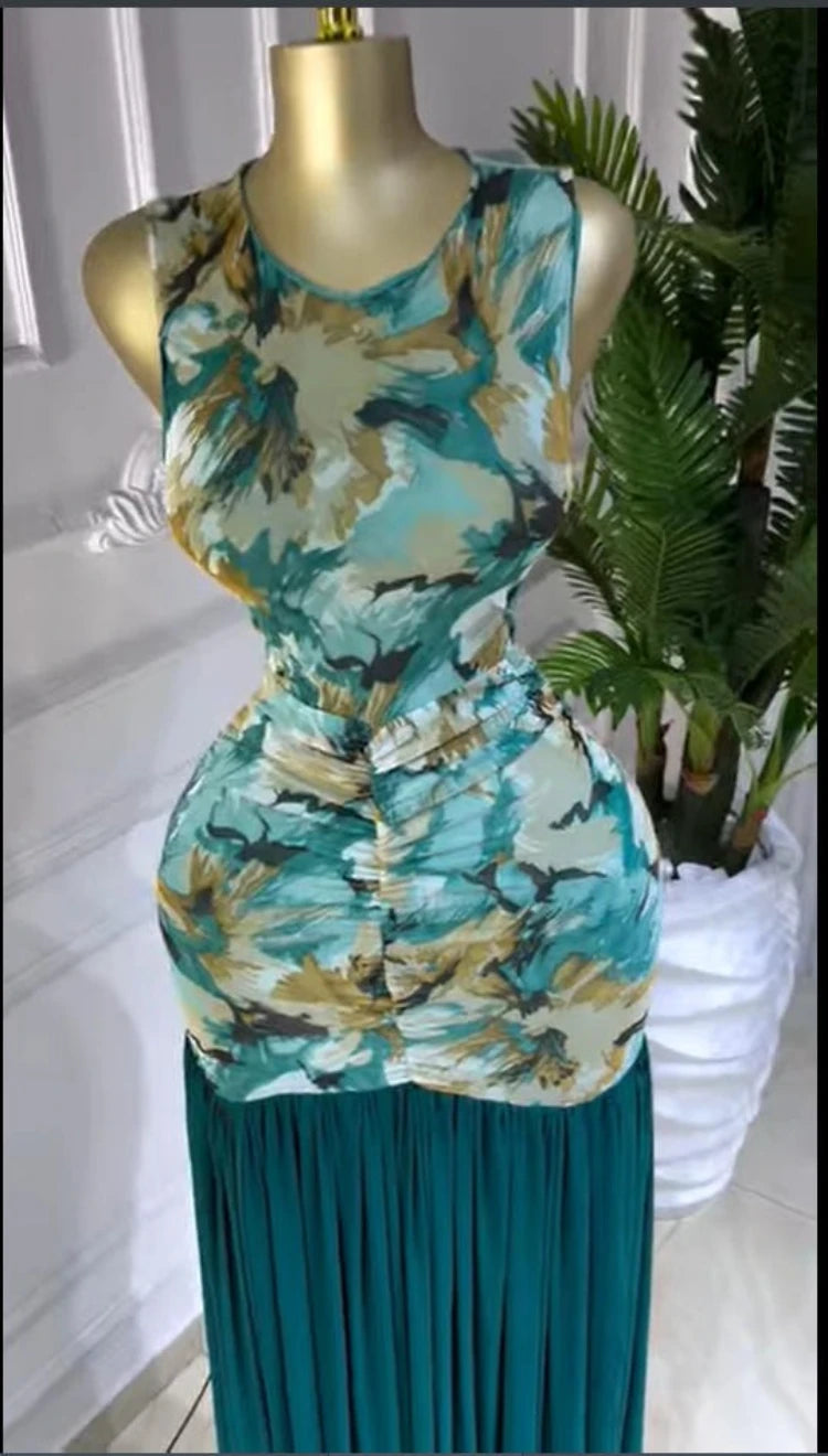 Printed Ruched Stacked Sleeveless Long Maxi Dress