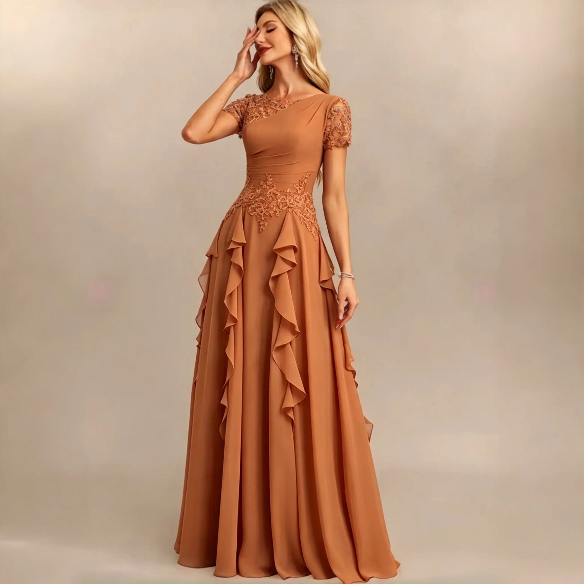Dumbo Asymmetrical Neck Chiffon Bridesmaid Lace Sleeve Ruched Waist Cascading Dress