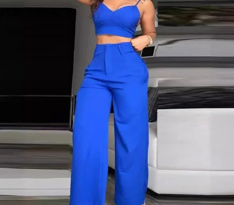 Spaghetti Strap V-Neck Crop Top & Wide Leg Pants Set