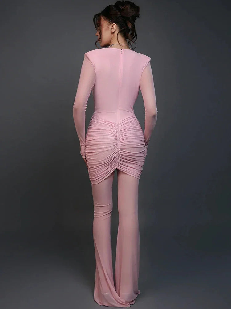 Milford Deep V Neck Long Sleeve Sexy Patchwork See Through Ruched Jumpsuits