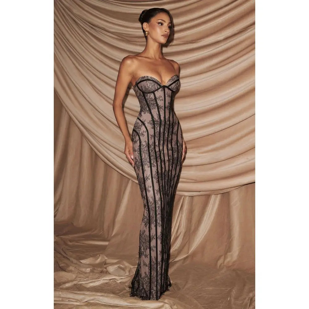 Belvidere Elegant Lace Strapless Waist Cinching Long Dress with Heart-Shaped
