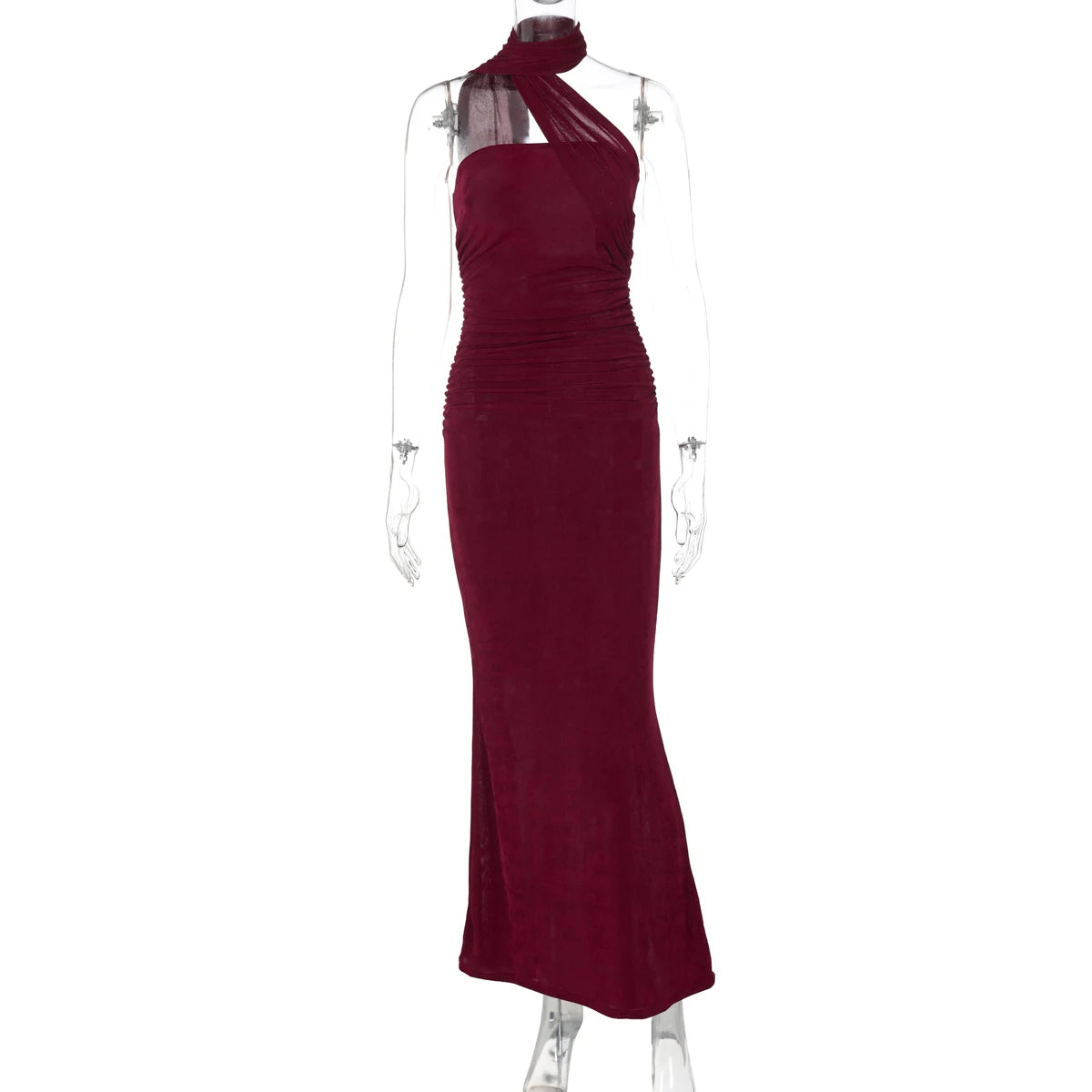 Chicago Halter Solid Sleeveless Backless Ruched Sexy Bodycon Maxi Prom Dress