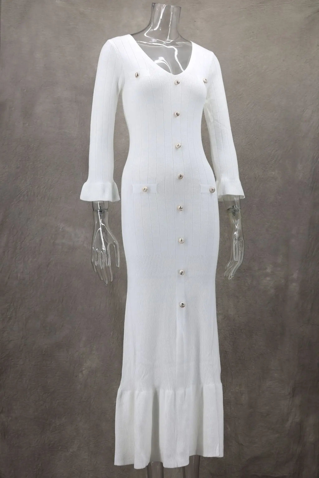 Tennessee Elegant Knitted Fashion V Neck Long Sleeves Slim Buttons Solid Color Long Dress