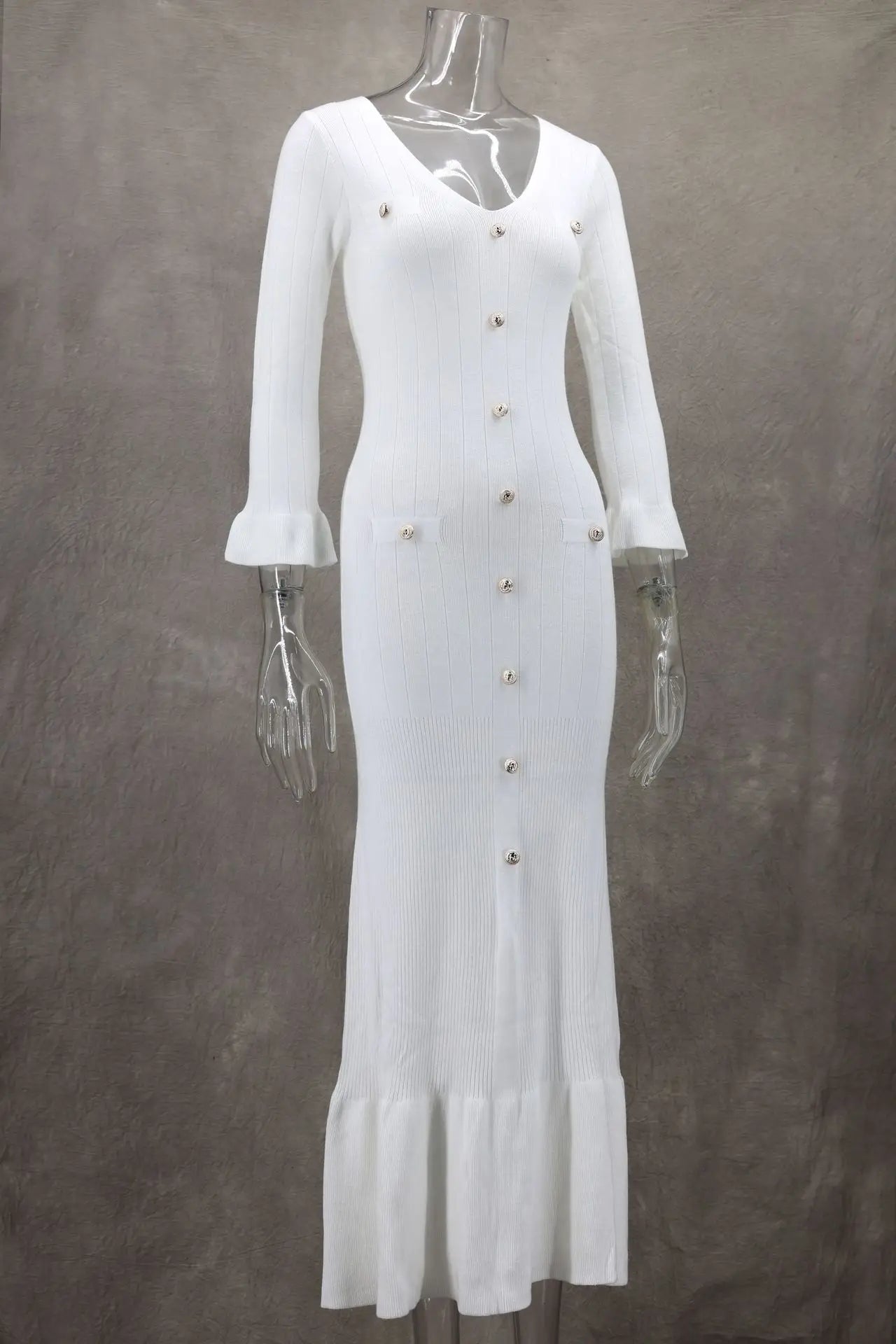 Tennessee Elegant Knitted Fashion V Neck Long Sleeves Slim Buttons Solid Color Long Dress
