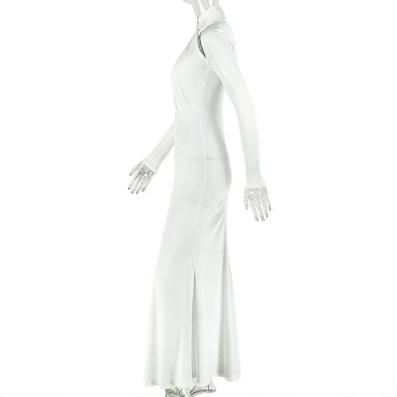 Bedford Turtleneck Hollow Out Chest Wrapped Long Sleeve Pleated Bodycon Long Dress
