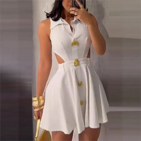 Clark Fashionable Sleeveless Hollowed Out Lapel Mini Dress