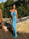 Solid Color Spaghetti Strap Sleeveless Sexy Deep V Cutout Waist Ruched Maxi Gown Dress