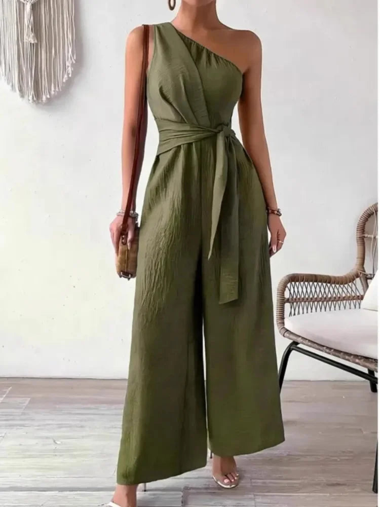 Detroit Fashion Sleeveless Diagonal Collar High Waist Lace-up Wide Leg Jumpsuits