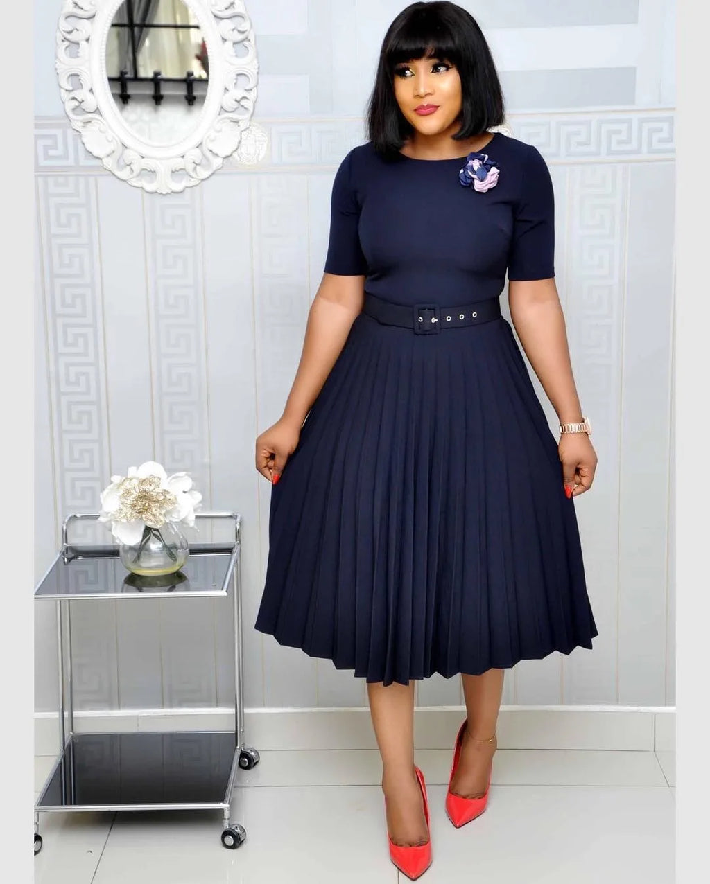 Cincinnati Plus Size Pleated Ladies O Neck Solid With Belt Mid-Calf Office Dress