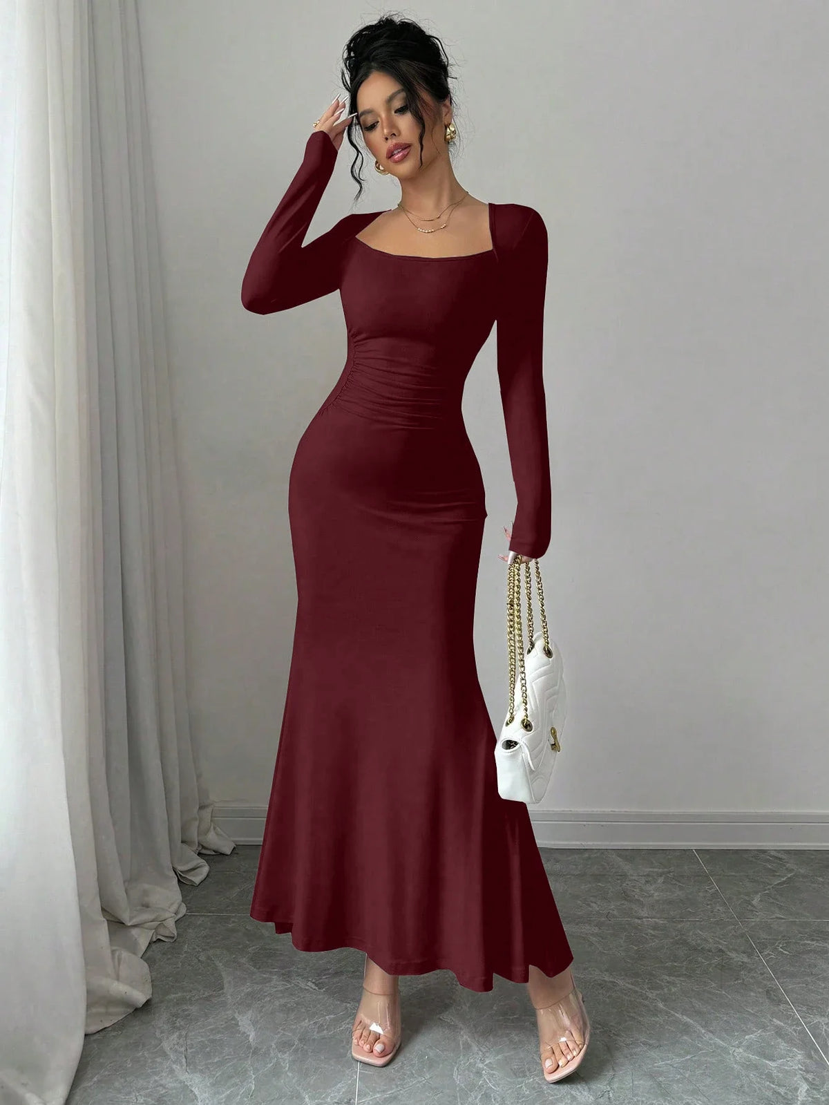 Nisao Four Seasons New Style Elegant Temperament Retro Solid Color Square Long Dress