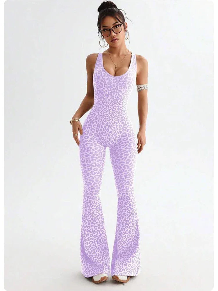 Reading Leopard Sportwear Sleeveless Backless Flare Jumpsuits