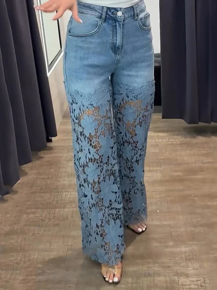 Old Bridge Solid Slimming Hollow Out Denim High Waist Spliced Button Jeans