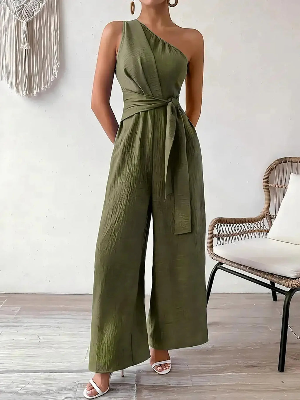 Detroit Fashion Sleeveless Diagonal Collar High Waist Lace-up Wide Leg Jumpsuits