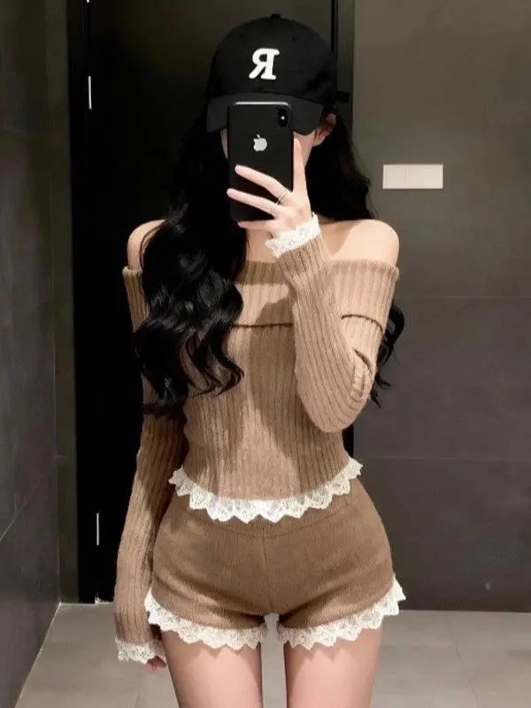 Erika Lace Splice One Shoulder Knitted Two Piece Sets