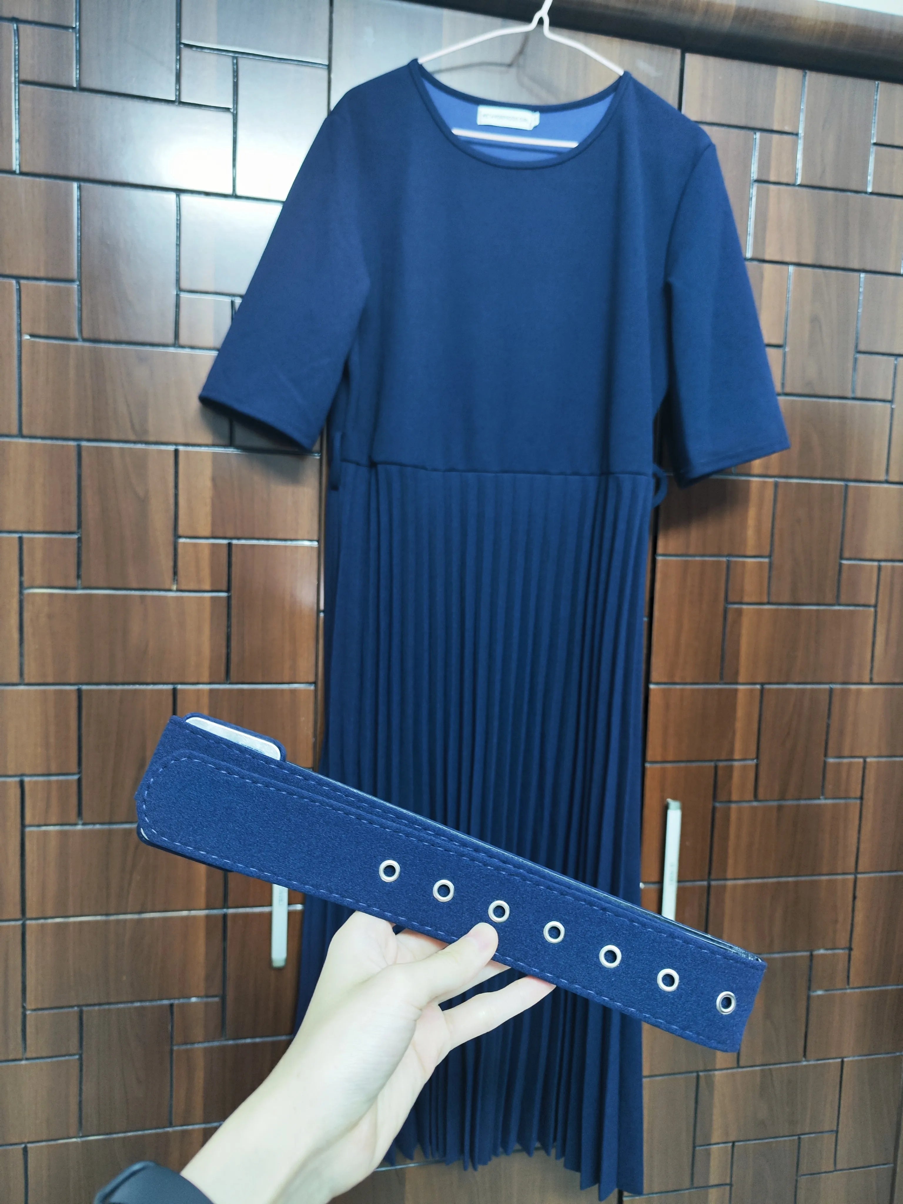 Cincinnati Plus Size Pleated Ladies O Neck Solid With Belt Mid-Calf Office Dress