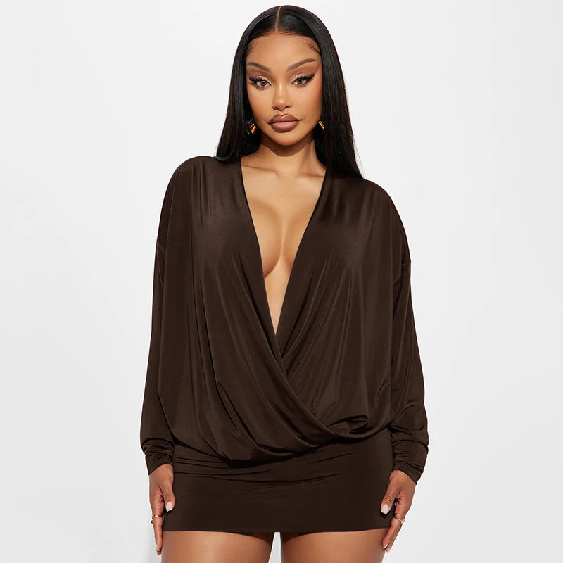 Elegant Peach Hip Full Sleeve Banquet Clubwear Skinny Mini Bodycon Dress
