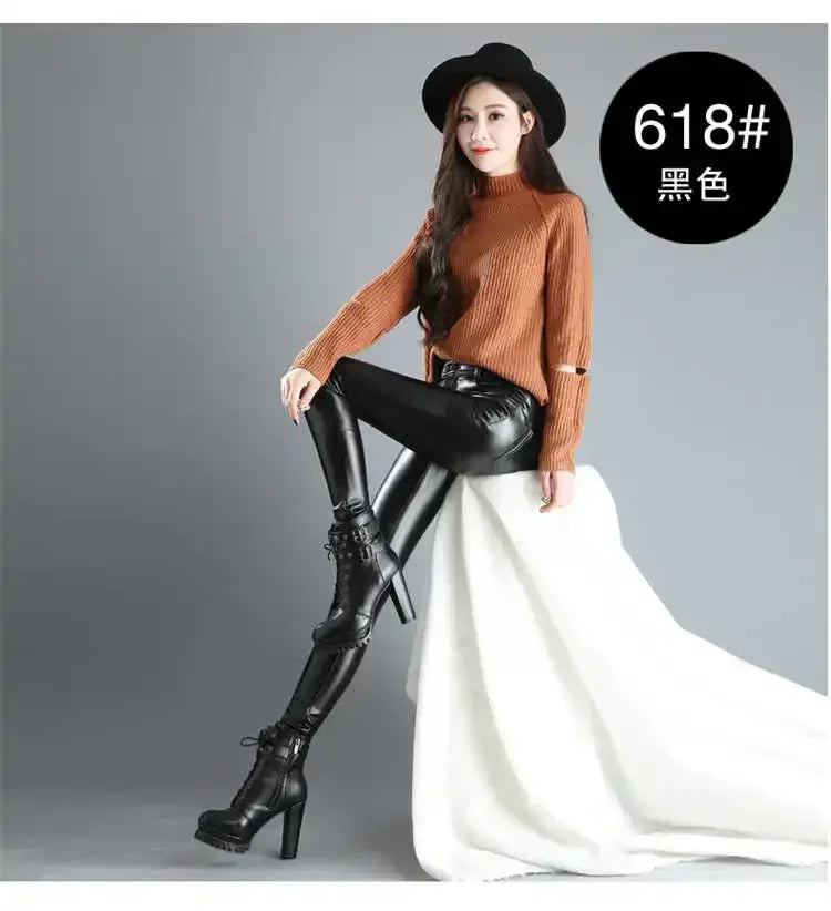 Green Pond PU Leather Leggings Pencil Pants with Thermal Lining Female High-Waisted Stretchy