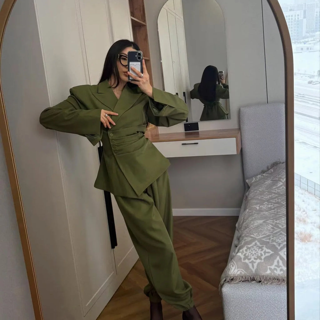 Victoria Asymmetric Ruched Waist Suit Two Piece Sets