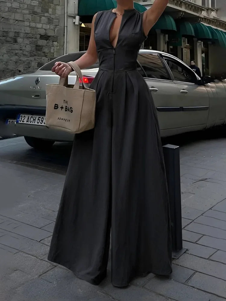 New Castle Solid Color V-Neck Zipper Loose Pockets High Waist Wide Leg Jumpsuit