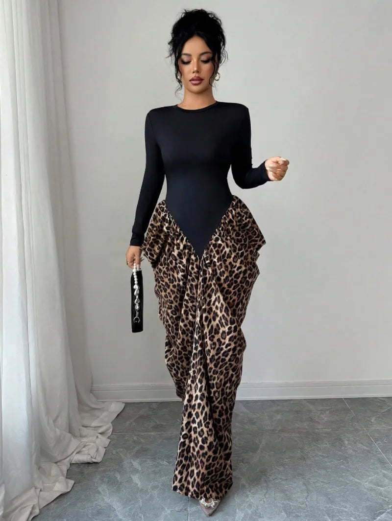 Brasil Plus Size Leopard Print Long Slimming Asymmetrical Floor-Length Dress