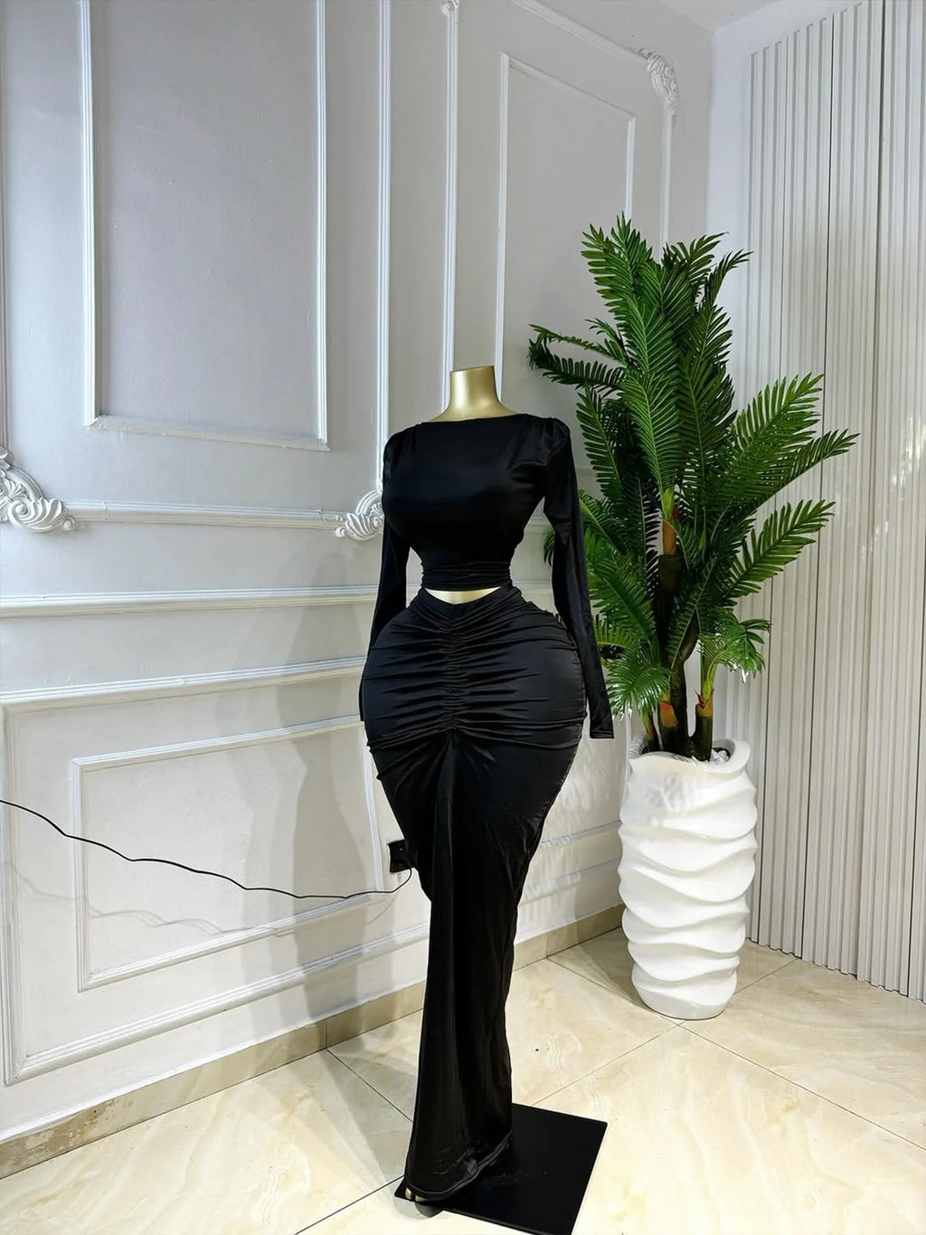 Mohegan Ruched Patchwork Bodycon Solid Color Hollow-out Long Sleeves Dress