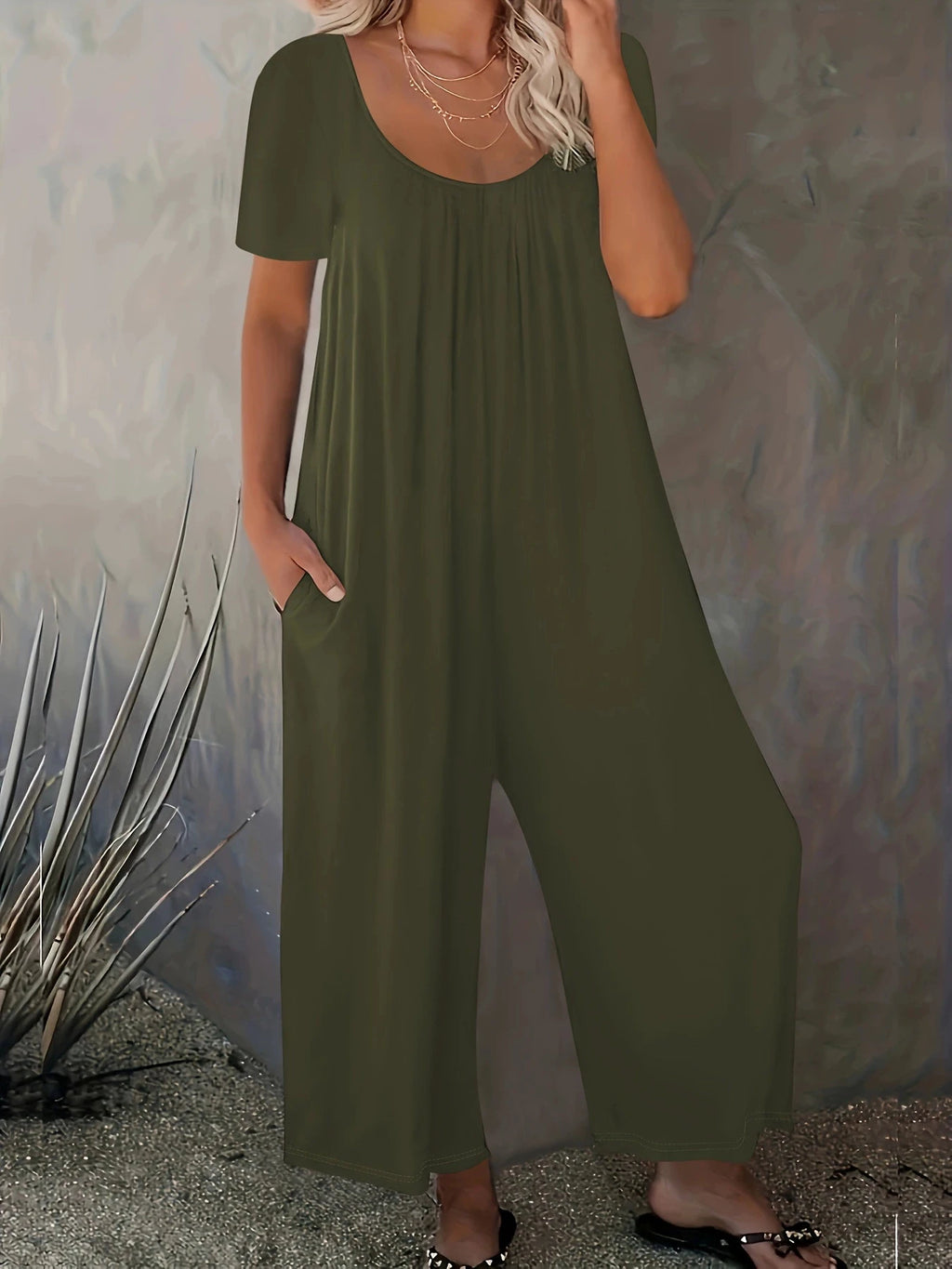 Plus Size Summer Women's Solid Color Jumpsuit with Pockets Casual Fashion