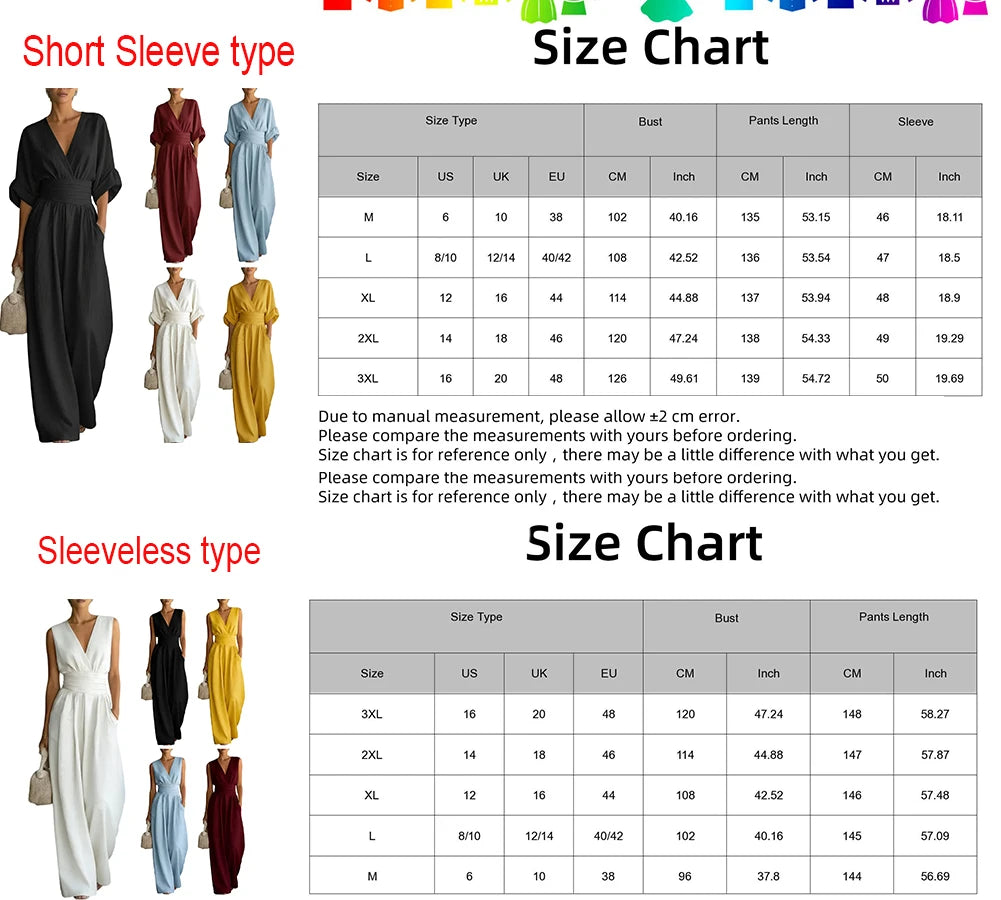 Women's Jumpsuit Fashion High Waist V-neck Casual Jumpsuits Sexy Solid Color Office Wide Leg Trousers Overalls Vacation Outfit