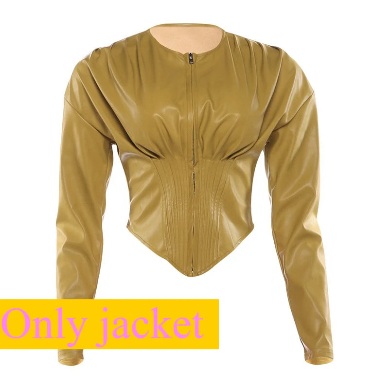 Ridgefield Solid Color Leather Patchwork Long Sleeves Crop Matching Set