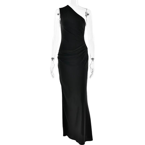 Roselle Satin Inclined Shoulder Sexy Fashion Patchwork Backless Bodycon Maxi Dress
